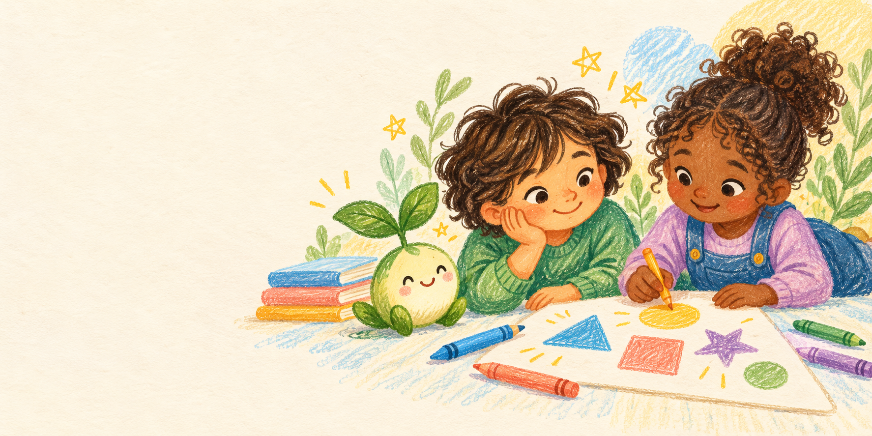 Two children learning together with crayons and a friendly sprout character