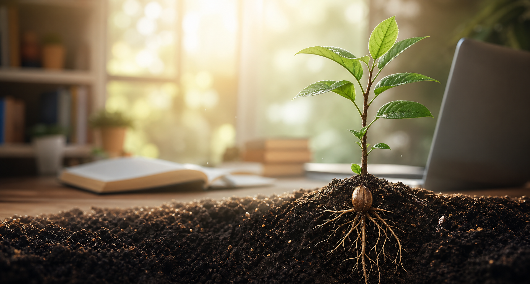 A seed nourished in healthy soil growing into a bright young plant